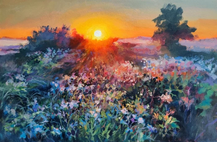 Evening in the field - My, Painting, Landscape, Sunset, Acrylic, Painting, Summer