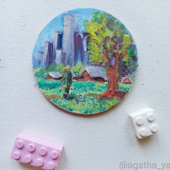 I'm going fishing - My, Painting, Text, Round canvas, Town, Miniature, Painting, Artist, Painting, Beautiful view, Dacha, Fishing, Skyscraper