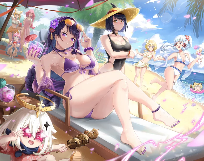 Summer beach in Inazuma - Genshin impact, Art, Anime art, Raiden shogun, Kujou Sara, Kamisato Ayaka, Yae miko, Yoimiya, Sangonomiya Kokomi, Lumine, Paimon, Sayu (Genshin Impact)