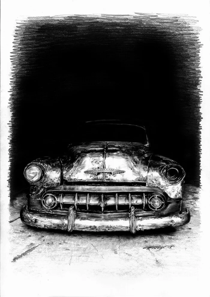 My Kruglyashi Pencil drawings - My, Pencil drawing, Realism, Black and white, American auto industry, Hot Rod, Ford, Dodge, Chevrolet, Rockabilly, Longpost