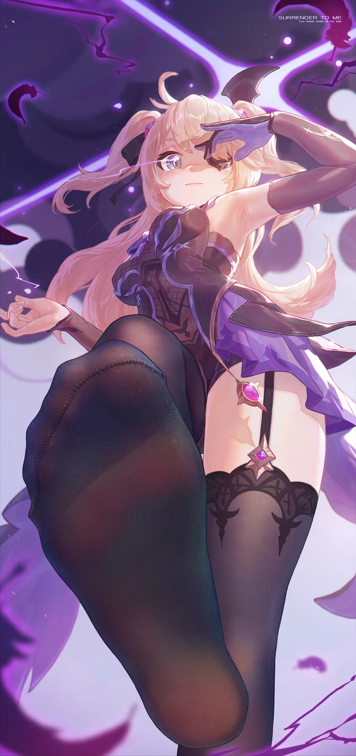 Step on me, Fischl! :O - Anime, Anime art, Genshin impact, Fischl, Foot fetish, Legs, Feet, Stockings, Tights, Longpost