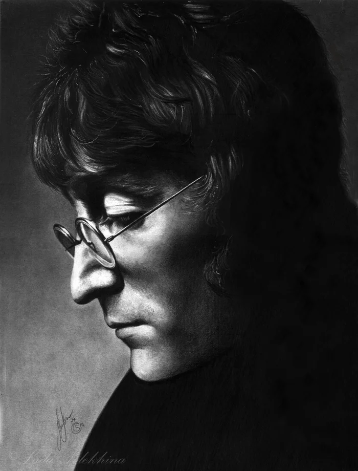 Drawing with simple pencils. - My, Drawing, Pencil drawing, Graphics, Portrait by photo, Portrait, The singers, Celebrities, John Lennon, The beatles