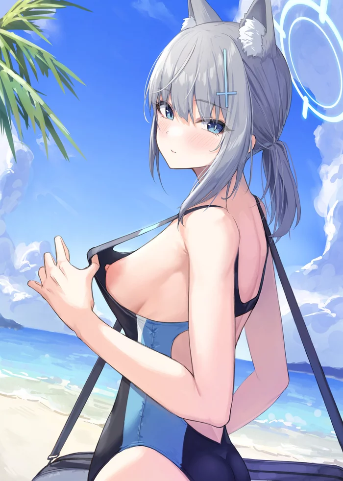 Shiroko - NSFW, Anime, Anime art, Sunaookami shiroko, Blue archive, Animal ears, Swimsuit, Sea, Beach, Summer