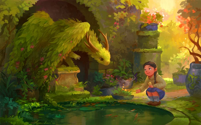 hidden garden - Garden, Hedge, Pond, Koi carps, Flowers, Girl, The Dragon, Art, Milota, Sandara, Tree