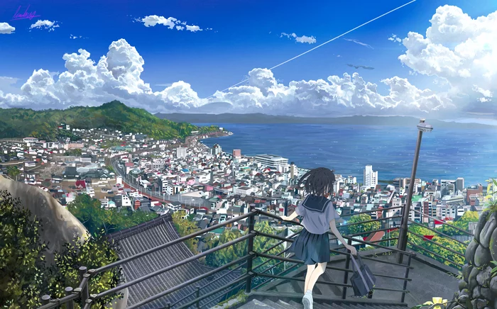 Summer vacation - Anime, Anime art, Original character, Art, Landscape, Sea, Clouds, Town, Schoolgirls, Seifuku, Banishment