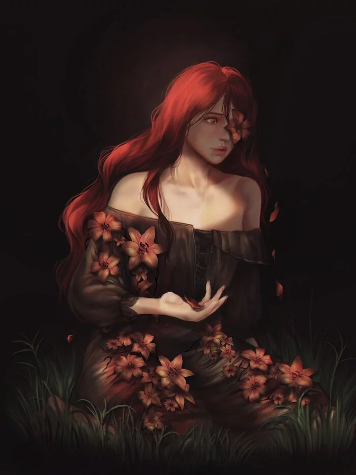 flowering time - Drawing, Elden Ring, Malenia, Demigod, Girls, Flowers, Rot, Art