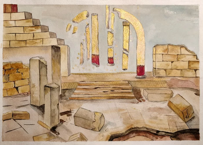 Ruins in gold - My, Artist, Illustrations, Watercolor, Art, Beginner artist, Painting, I'm an artist - that's how I see it, Self-taught artist, Artist-Kuhn, Ruin, Drawing, Landscape, Fantasy
