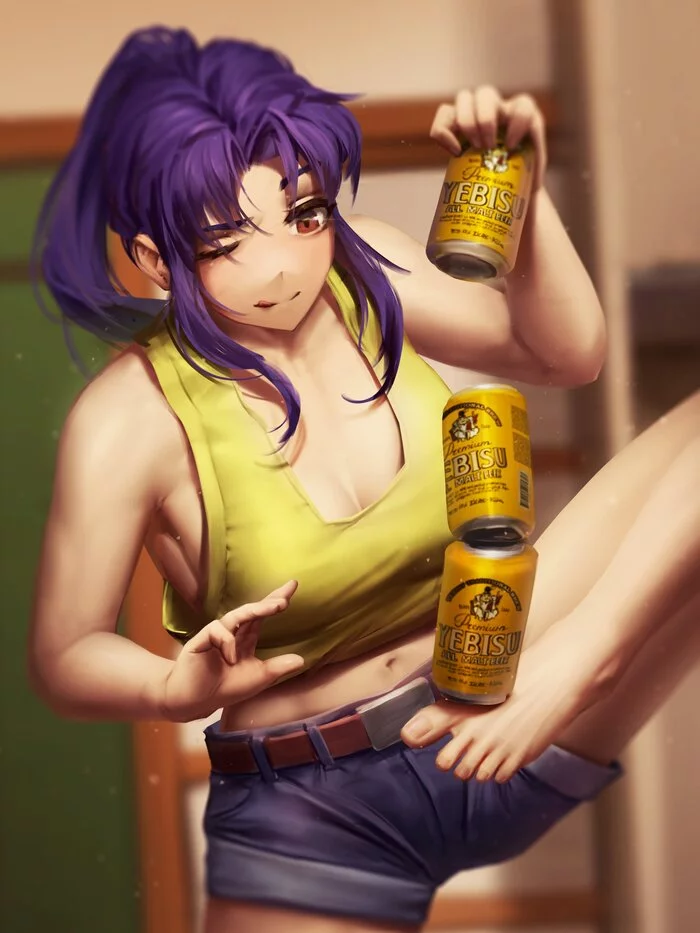 Leg dexterity - Art, Anime, Anime art, Evangelion, Misato katsuragi, Girls, Beer, Beer can, Numanoan