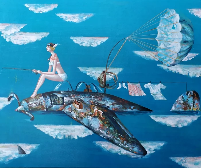 Painting Secret Passion of Amelia - My, Amelia Earhart, Fantasy, Modern Art, Art, Pilots, Ocean, Fishing