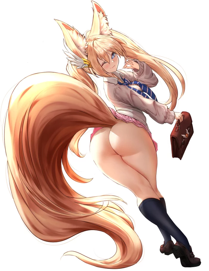 Chanterelle - NSFW, Kitsunemimi, Art, Anime, Anime art, Hand-drawn erotica, Animal ears, Booty