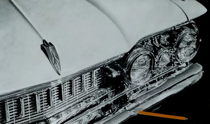 My circles. - My, Drawing, Pencil drawing, Realism, Hyperrealism, American auto industry, Chevrolet, Ford, Oldsmobile, Cadillac Eldorado, Black and white, Longpost