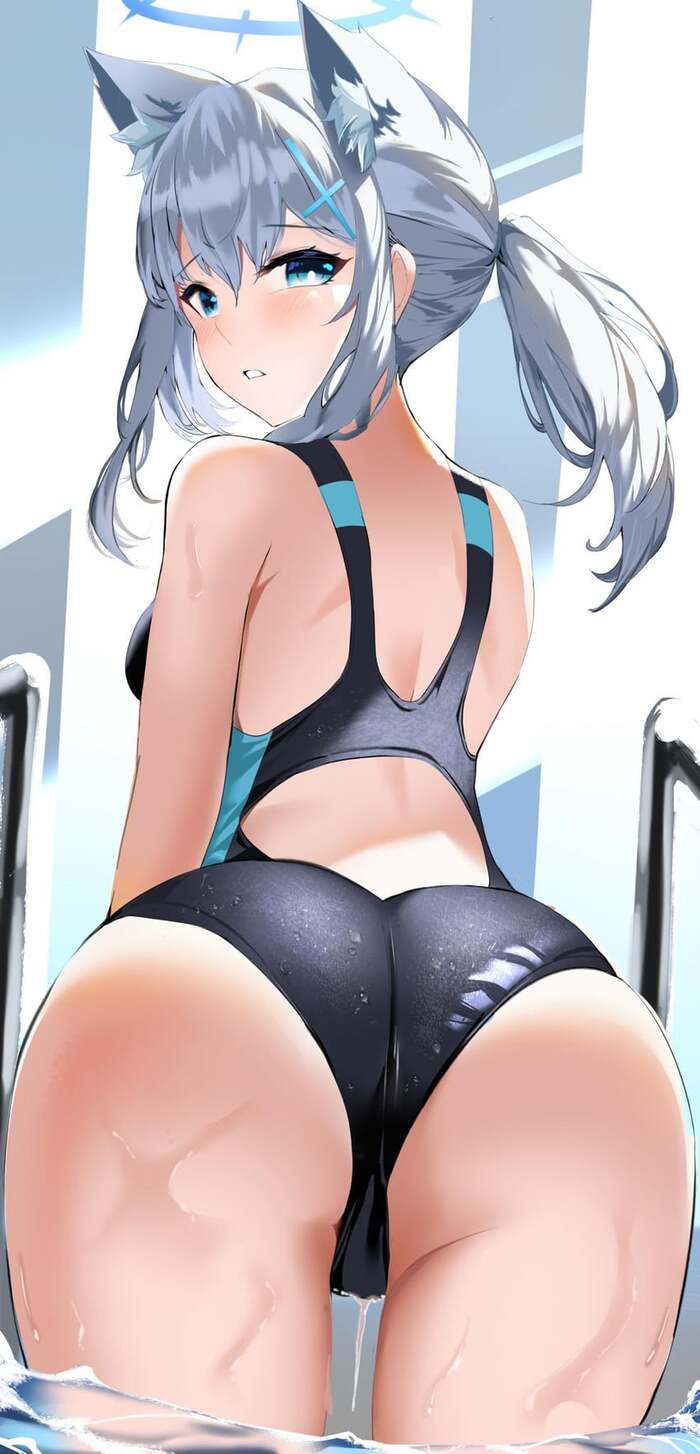 Anime Art - NSFW, Anime, Anime art, Blue archive, Shiroko, Animal ears, Swimsuit, Booty