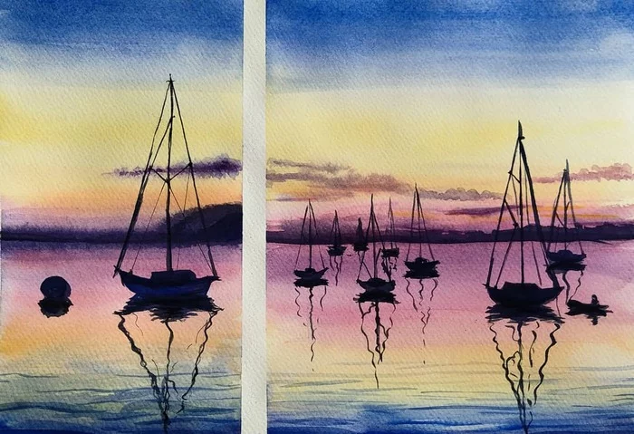 Sunset in the Bay - My, Watercolor, Artist, Sunset, Sea, Yacht, Creation, Inspiration