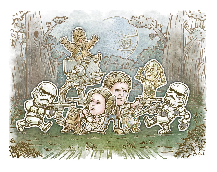 Battle of Endor - My, Drawing, Illustrations, Star Wars, Endor, Photoshop, Han Solo, Princess Leia, Chewbacca, c-3po, R2-D2, Star Wars stormtrooper, The Death Star