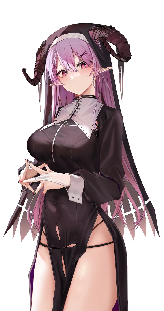 Horned nun - NSFW, Anime, Anime art, Original character, Nun, Boobs, Bra, Hand-drawn erotica, Erotic, Ru zhai, Longpost, Underwear, Pantsu