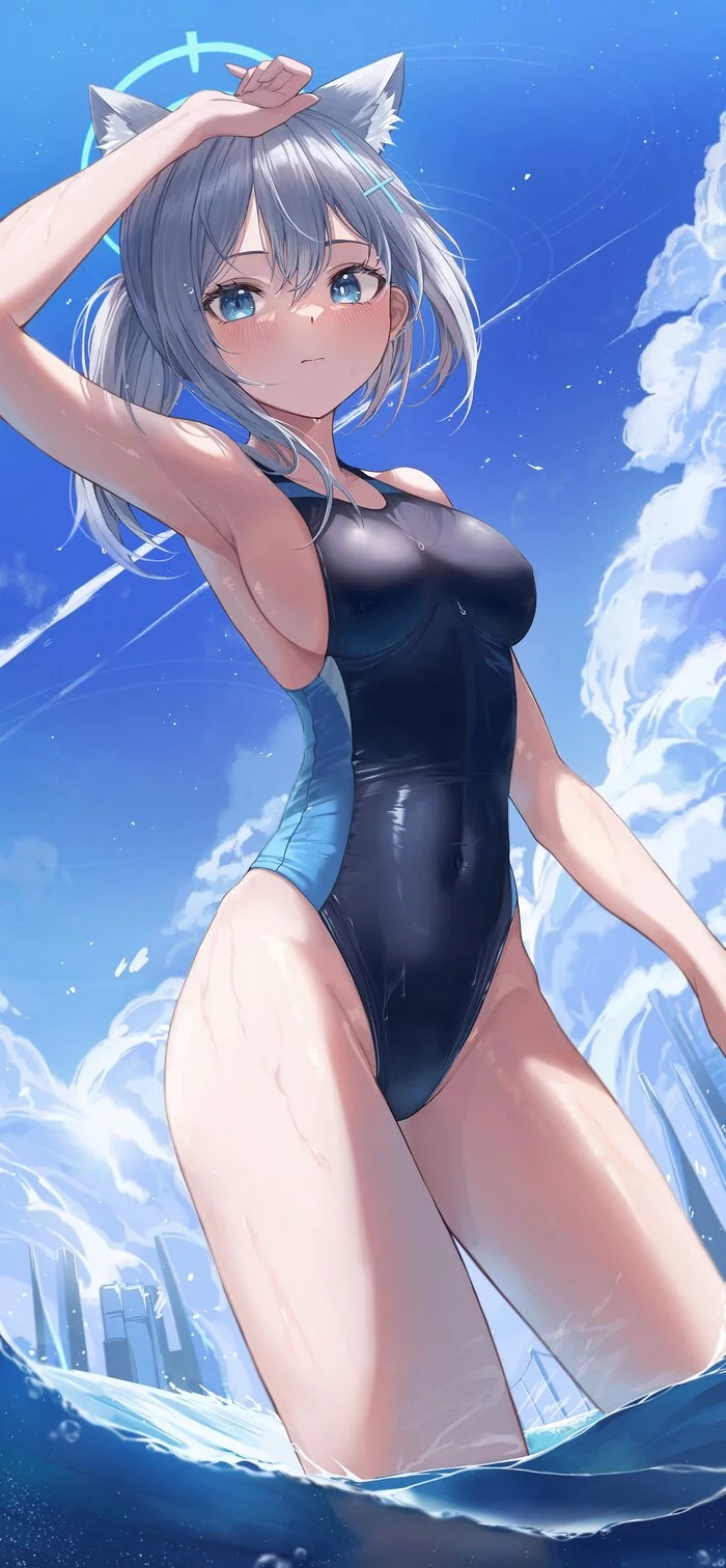 Sunaookami shiroko - NSFW, Anime, Art, Anime art, Girls, Sunaookami shiroko, Blue archive, Animal ears, Swimsuit, Longpost