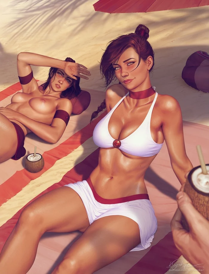 Tai Li and Suyuki on the Beach (supplement) - Longpost, Krysdecker, Beach, Tan line, Pubes, Pubis, Nudity, Topless, Boobs, Bikini, Swimsuit, Hand-drawn erotica, Erotic, Girls, Suyuki, Tai li, Avatar: The Legend of Aang, Avatar, Drawing, Art, NSFW