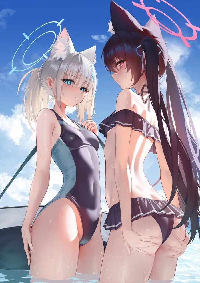 Serika & Shiroko - NSFW, Аниме, Anime Art, Blue archive, Serika, Shiroko, Animal Ears, Купальник, Попа, Сиськи, Рисованная эротика, Эротика