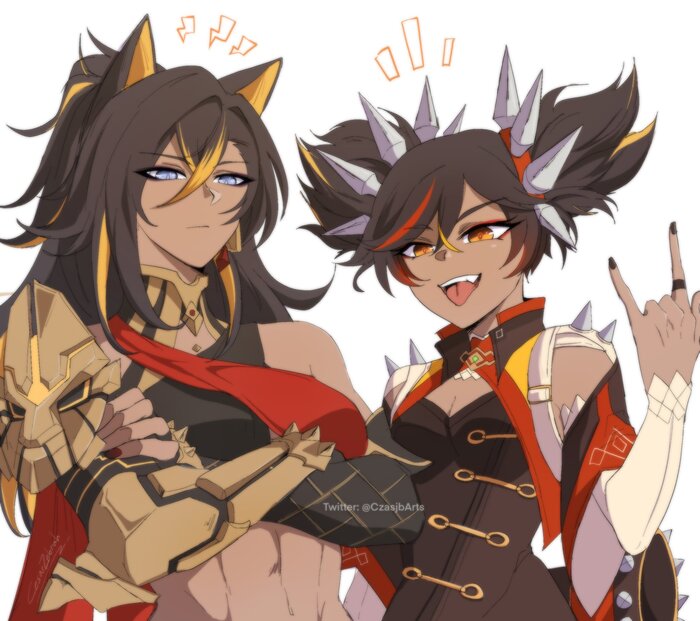 Dehya &Xinyan , Anime Art, Genshin Impact, Dehya (Genshin Impact), Xinyan, Animal Ears, 