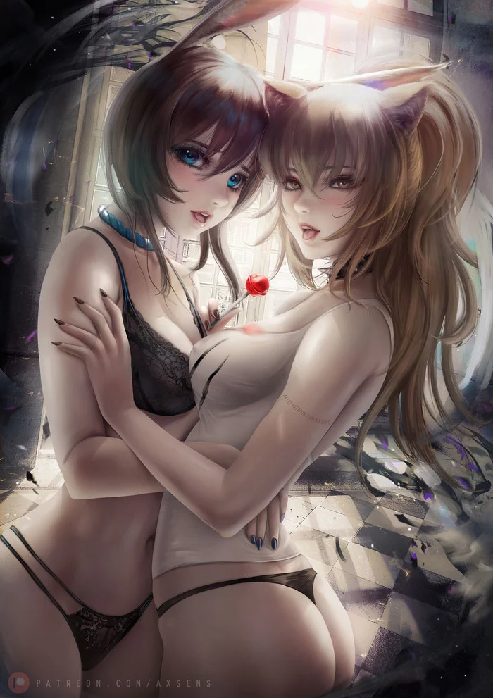 Amiya & Siege - NSFW, Anime art, Anime, Girls, Drawing, Yuri, Arknights, Amiya, Siege (Arknights), Axsens, Animal ears, Cleavage, Pantsu, Long hair, Topless, Boobs, Lollipop, Nipples, Girl with tattoo, Choker, Bra, Longpost