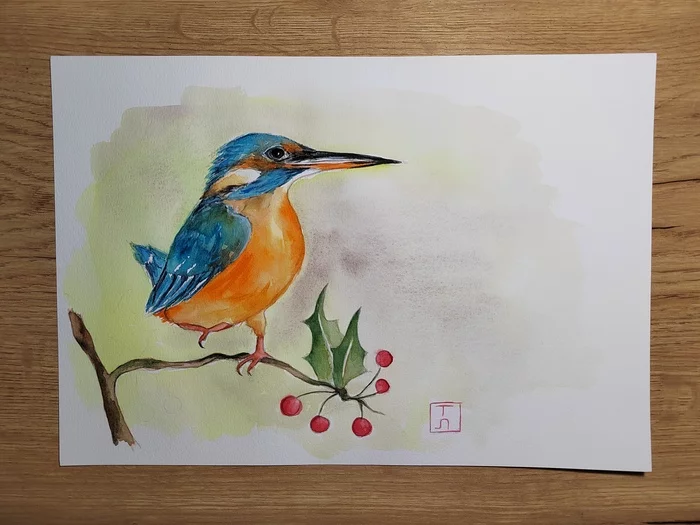 Kingfisher - My, Blue bird, Kingfisher, Watercolor, Drawing