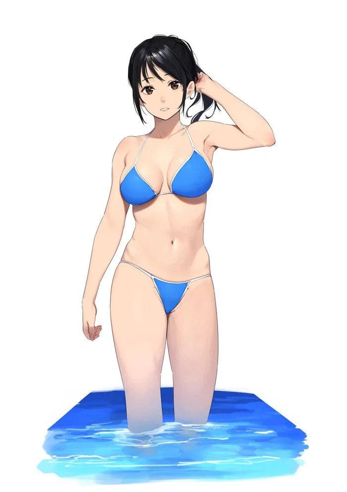 Young lady in a blue swimsuit - NSFW, Art, Anime art, Original character, Girls, Erotic, Hand-drawn erotica, Swimsuit, Bikini, Boobs, Pubes, Beeeeen