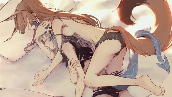 Liskarm & Franka - NSFW, Anime art, Anime, Arknights, Animal ears, Liskarm, Franka, Underwear, Yuri