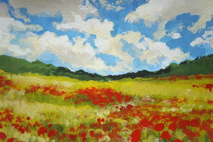 Red Meadow - Longpost, Youtube, Video, Drawing process, Painting, Summer, Gouache, Landscape, Poppy, Painting, Creation, Painting, My