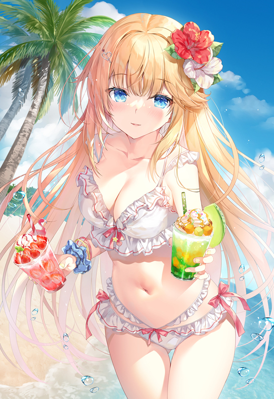 Art by Miwabe Sakura - NSFW, Anime art, Original character, Anime, Swimsuit, Beach, Sea, Palm trees