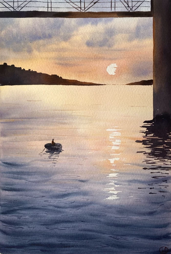 Sunset on the Volga - My, Watercolor, Drawing, Landscape, Volga river, Beginner artist, Kostroma