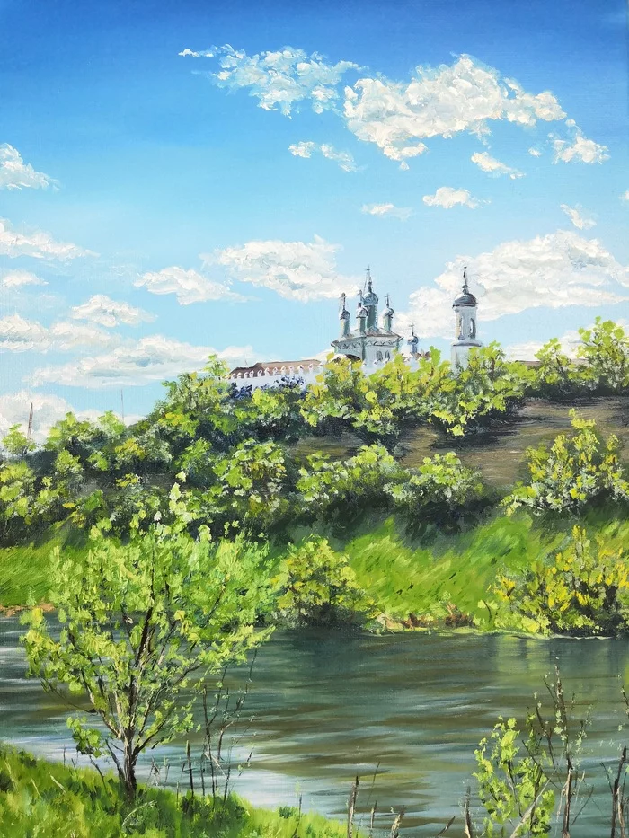 On the banks of the Zusha River - My, Artist, Painting, Landscape, Mtsensk, Story, Oil painting, Church, Longpost