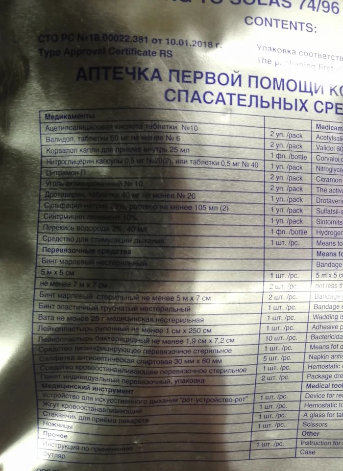 Аптечка первой помощи коллективных спасательных средств - Моё, Аптечка, Обзор, Море, Первая помощь, Выживание, Распаковка, Медицина, Длиннопост