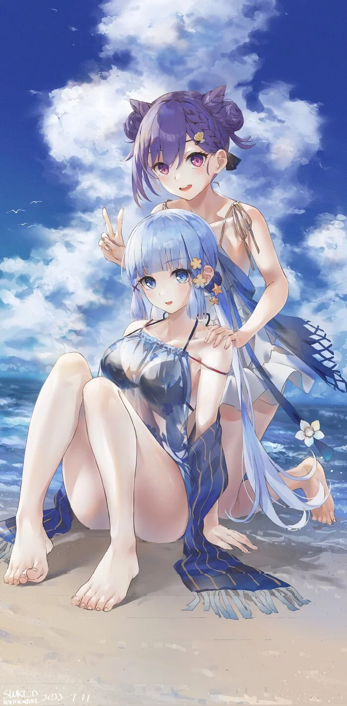 Keqing & Ayaka - Art, Anime art, Genshin impact, Games, Keqing, Kamisato Ayaka, Girls, Beach, Swkl