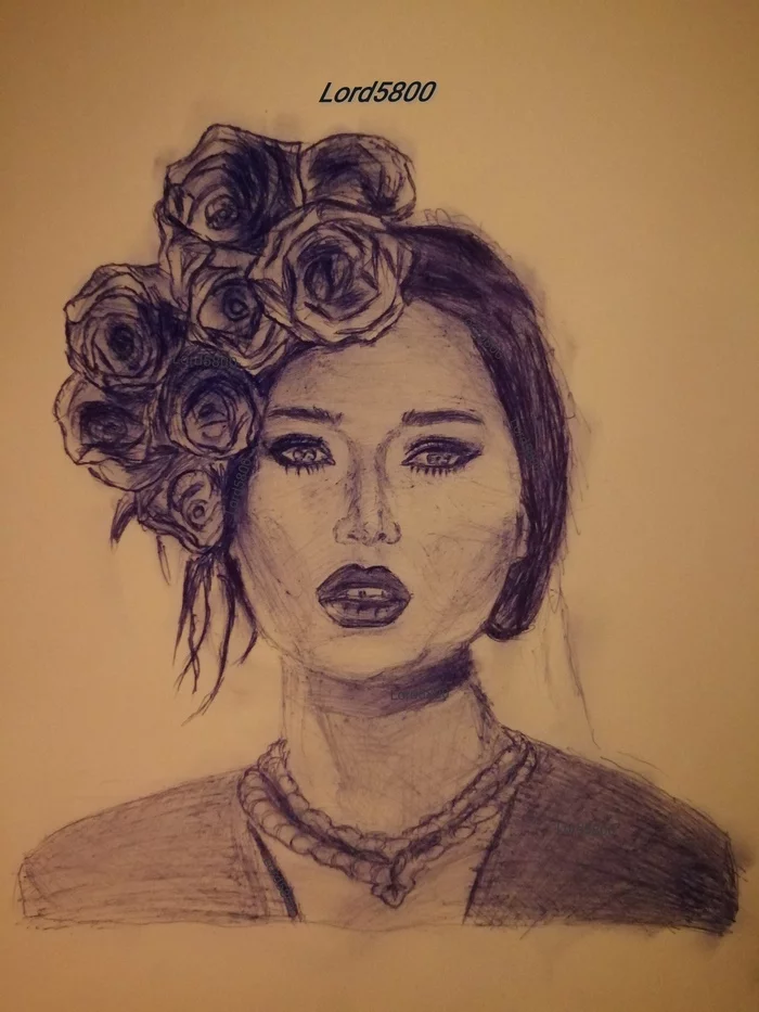 Girl with roses on the head Lord5800 Lord5800 - Girls, Portrait, Portrait by photo, Art, Drawing, Pen drawing, Ball pen, Learning to draw, Junior Academy of Artists, the Rose, Girl, Beginner artist, Pen, Brunette