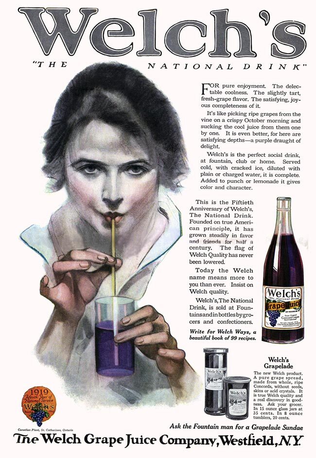 Welch's grape juice, 1919 - Advertising, USA, Beverages, 20th century