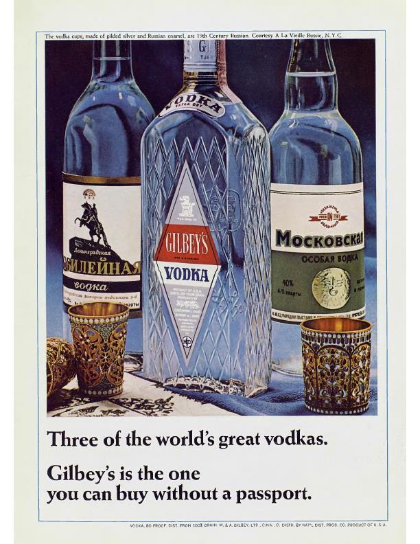 The three best vodkas in the world. Gilbey's is the only one you can buy without a passport. Playboy, January 1967 - Advertising, USA, Alcohol, Vodka, Playboy, 60th, Iron curtain, the USSR