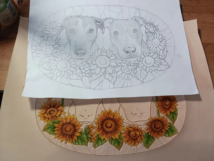 The working process - My, Natural leather, Dog, Painting, Carving, Sunflower, Needlework with process