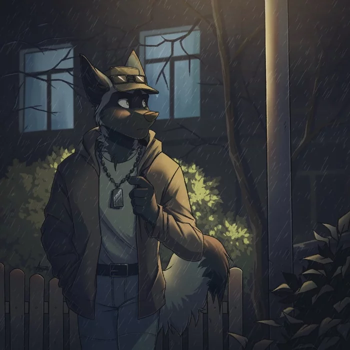 Night, street, lamp - Furry, Furry canine, Ango76, Night, Rain, Art, Furry art