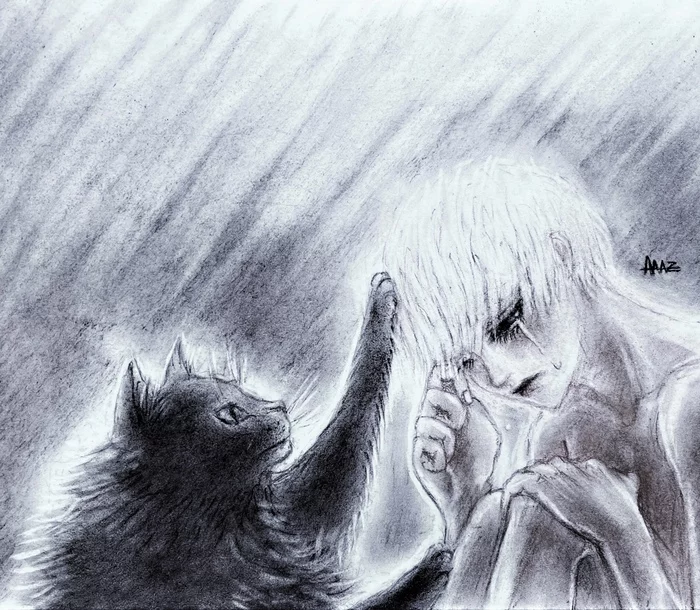 Don't cry man - My, Art, Charcoal drawing, Drawing, Art, Artist, Painting, Monochrome, Black cat, cat, Heat, Cosiness, Tenderness, Tears, Sadness, A pity, Comfort, Friend, Care