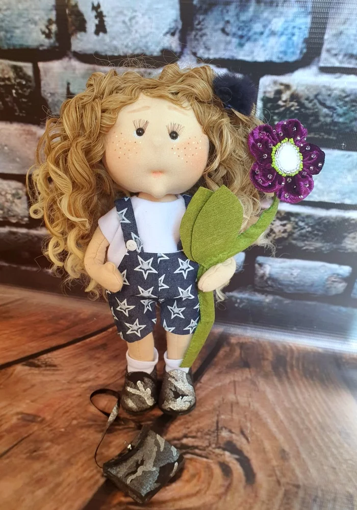 Handmade puppet with a flower - My, Doll, Textile doll, Interior doll, Portrait doll, Handmade, With your own hands, Interior, beauty, Milota, Interesting, Unusual, Longpost