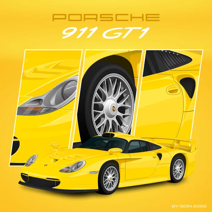 Porsche 911 GT1 Strassenversion vector drawing - My, Digital drawing, Vector graphics, Graphic design, Art, Corel draw, Porsche, 911, Sports car, Auto, Le mans, Yellow, Blue, Wallpaper, Longpost