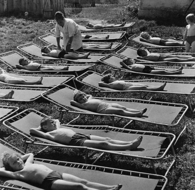 Kids sunbathing, 1961 - the USSR, Black and white photo, History of the USSR