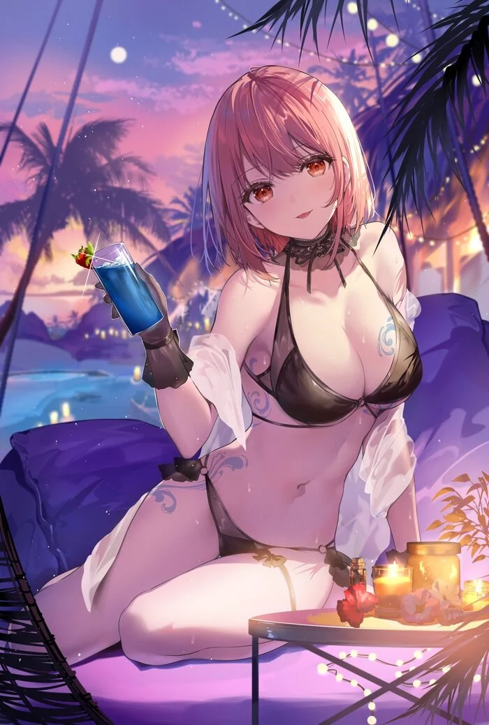 Art by Necomi - NSFW, Anime art, Original character, Anime, Necomi, Swimsuit, Palm trees