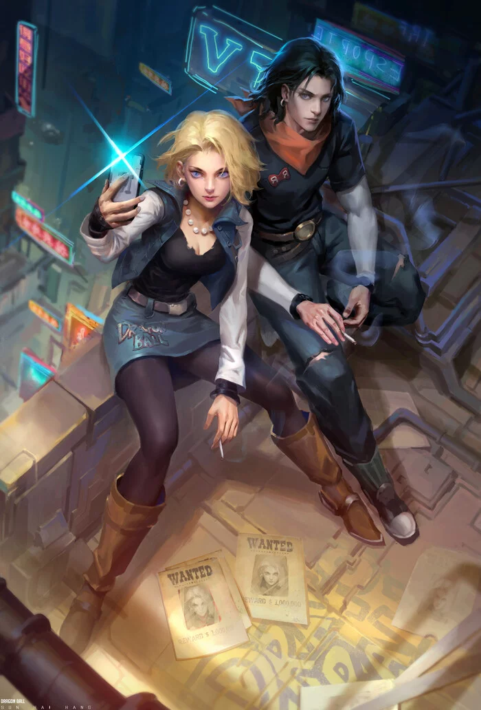 Android 18 & Android 17 - Арт, Аниме, Anime Art, Dragon Ball, Dragon Ball z, Android 18, Смартфон, Вспышка, Селфи, Наушники, Курение, Сигареты, Sun haiyang