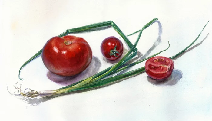 Salad - My, Watercolor, Paints, Etude, Hudozhka, Summer, Tomatoes, Food, Painting