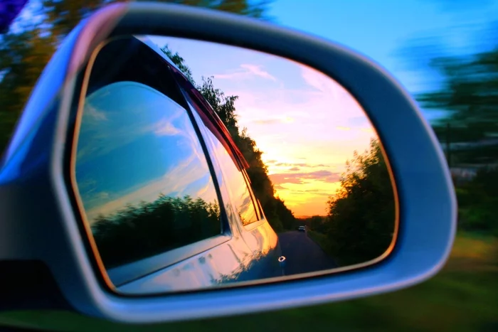 Sunset in reflection - My, The photo, Sunset, Reflection, Rearview mirror
