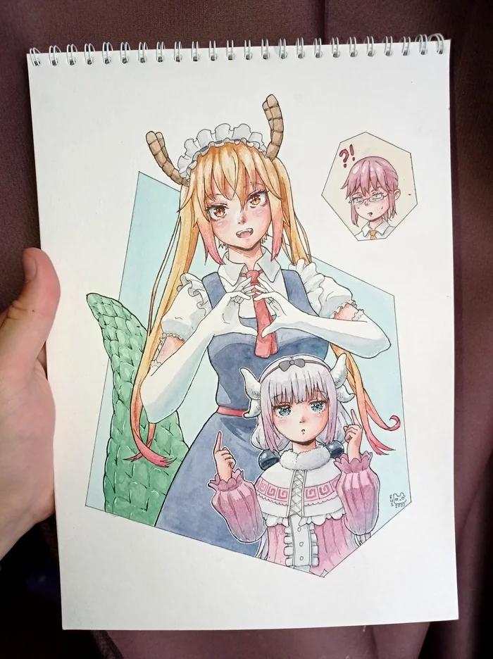 Tooru is the best match for Kaboyashi - My, Anime art, Drawing, Watercolor, Kobayashi-san chi no maidragon, Kanna kamui, Longpost, Anime