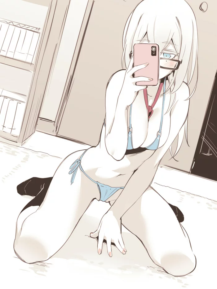 Selfie - NSFW, Арт, Anime Art, Original Character, Рисованная эротика, Эротика, Девушки, Megane, Бикини, Asutora, Селфи