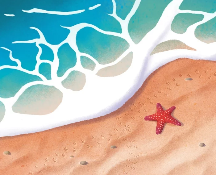 Waves, sand and starfish - My, Illustrations, Digital drawing, Digital, Painting, Summer, Sea, Beach, Wave, Starfish, Photoshop, Procreate, Art, Sand, Ocean