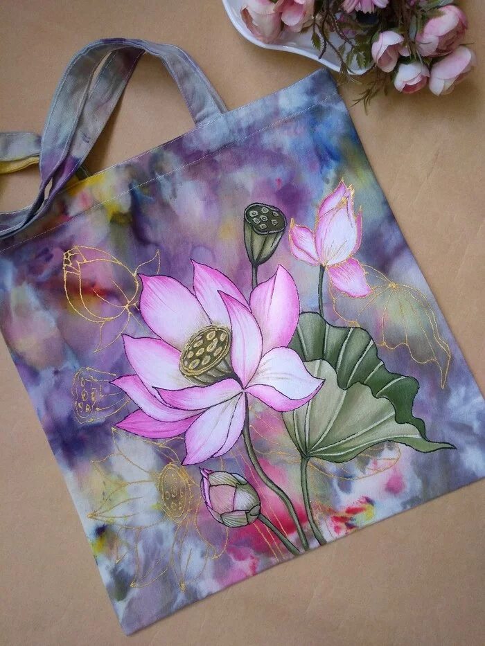 How I combined painting and tie-dye - My, Needlework without process, Needlework, Creation, Handmade, Decor, Painting on fabric, Shopping bag, Flowers, Longpost